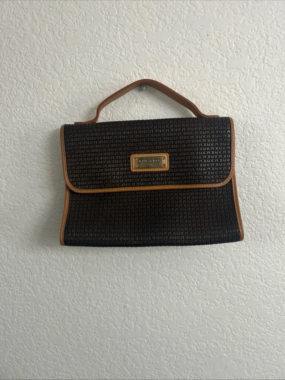 Black Woven Satchel with Tan Trim and Top Handle